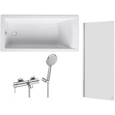 Roca Savai wanna prostokątna 150x75 cm z parawanem Capital i bateria ścienna Lanta (A248587000, AM4008512M, A5A0111C00)