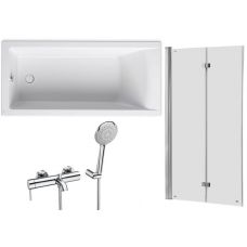Roca Savai wanna prostokątna 150x75 cm z parawanem Capital i bateria ścienna Lanta (A248587000, AM4111512M, A5A0111C00)