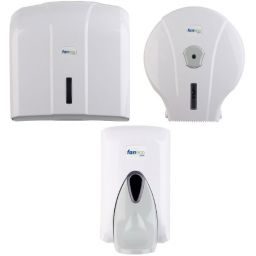 Zestaw Faneco Pop podajnik ręczników z pojemnikiem na papier i dozownikiem do mydła biały-szary (P400PGWG, J18PGWG, SA500PGWG)
