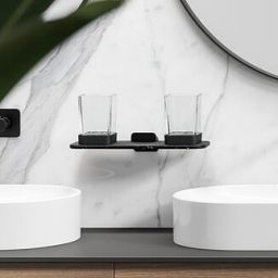 Geesa Shift półka szklana 30 cm z uchwytem na kubek podwójny szkło przezroczyste/efekt czarnego marmuru 919934-06-M6