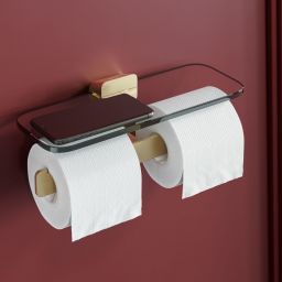 Geesa Shift uchwyt na papier toaletowy podwójny z półką złoto szczotkowane/szkło przezroczyste 919948-07