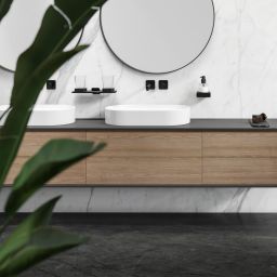 Geesa Shift półka szklana 30 cm z uchwytem na kubek podwójny szkło przezroczyste/efekt czarnego marmuru 919934-06-M6