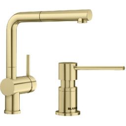 Blanco Linus-S bateria kuchenna stojąca złoty satynowy z Blanco Lato dozownik do płynu 300 ml blatowy złoty satynowy (526684, 526699)