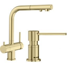 Blanco Fontas II bateria kuchenna stojąca z podłączeniem do filtra wody złoty satynowy z Blanco Lato dozownik do płynu 300 ml blatowy złoty satynowy (526694, 526699)