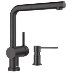 Zestaw Blanco Linus-S-F bateria kuchenna stojąca czarna z dozownikiem do płynu Blanco Lato czarny mat (527523, 525789)