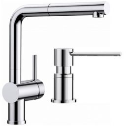 Zestaw Blanco Linus-S bateria kuchenna stojąca z dozownikiem na płyny Blanco Lato chrom (512402, 525808)