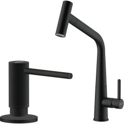 Zestaw Franke Icon bateria kuchenna stojąca z dozownikiem do płynów 300 ml czarny mat (1150625190, 1190547906)