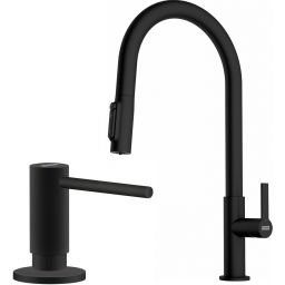 Zestaw Franke Maris Slim Clear Water J Pull-Out bateria kuchenna stojąca z dozownikiem do płynów 300 ml czarny mat (1200730911, 1190547906)