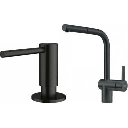 Zestaw Franke Atlas bateria kuchenna stojąca z dozownikiem do płynów 350 ml czarna stal szlachetna (1150550427, 1120717102)