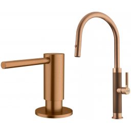 Zestaw Franke Mythos Masterpiece Pull-Out Spray bateria kuchenna stojąca z dozownikiem do płynów 350 ml miedziany (1150711557, 1120717104)