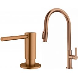 Zestaw Franke Maris Slim Clear Water J Pull-Out bateria kuchenna stojąca z dozownikiem do płynów 350 ml miedziany (1200736602, 1120717104)