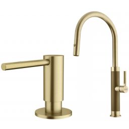 Zestaw Franke Mythos Masterpiece Pull-Out Spray bateria kuchenna stojąca z dozownikiem do płynów 350 ml złoto (1150711558, 1120717105)