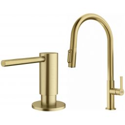 Zestaw Franke Maris Slim Clear Water J Pull-Out bateria kuchenna stojąca z dozownikiem do płynów 350 ml złoto (1200736601, 1120717105)