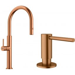 Zestaw Franke Pescara J pull-out spray bateria kuchenna stojąca z dozownikiem do płynów 350 ml miedziany (115.0741.698, 112.0717.104)