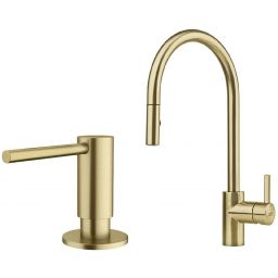 Zestaw Franke Eos Neo M Pull-Out Spray bateria kuchenna stojąca z wyciąganą wylewką z dozownikiem do płynów 350 ml złoty (115.0681.244, 112.0717.105)