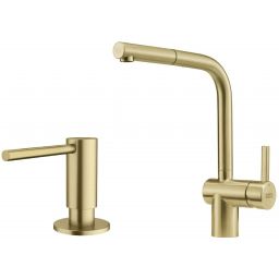 Zestaw Franke Atlas Neo M Pull-Out bateria kuchenna stojąca z wyciąganą wylewką z dozownikiem do płynów 350 ml złoty (115.0681.242, 112.0717.105)