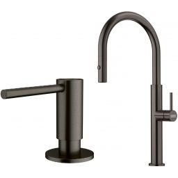 Zestaw Franke Pescara J pull-out spray bateria kuchenna stojąca z dozownikiem do płynów 350 ml antracyt (115.0741.696, 112.0717.103)