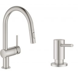 Zestaw Grohe Minta bateria kuchenna SuperSteel z dozownikiem płynów Cosmopolitan (32321DC2, 40535DC0)