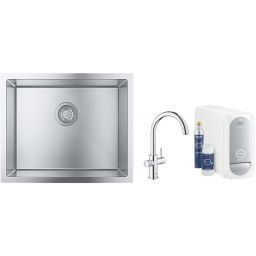Zestaw Grohe K700 zlewozmywak 55x45 cm stal szlachetna z baterią kuchenną filtrującą Blue Home chrom (31726SD0, 31455001)