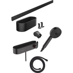 Hansgrohe WallStoris bateria prysznicowa termostatyczna z zestawem natryskowym i półką czarny mat 24250670