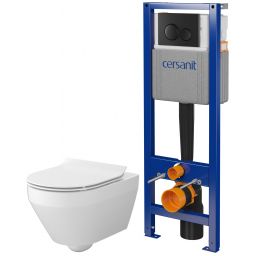 Zestaw Cersanit Crea stelaż z przyciskiem i miska WC bez kołnierza z deską wolnoopadającą czarny mat/biały połysk (S701779, S701927)