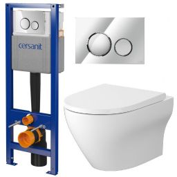 Zestaw Cersanit Larga miska WC z deską wolnoopadającą i stelaż podtynkowy z przyciskiem spłukującym chrom (S701885, S701778)
