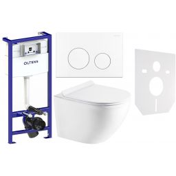 Zestaw Hagser Beno miska WC wisząca z deską wolnoopadającą i stelażem podytnkowym Oltens z uszczelką i przyciskiem spłukującym biały (HGR14000042, HGR11000045, 50001000, 57102000, 49301000)