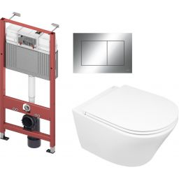 Zestaw Oltens Jog miska WC wisząca z deską wolnoopadającą i stelaż podtynkowy Tece Base z przyciskiem Now biały/chrom błyszczący (9400407, 42501000, 45102000, 9240401)