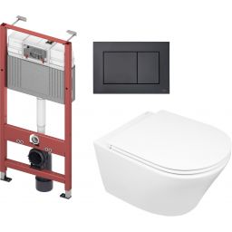 Zestaw Oltens Jog miska WC wisząca z deską wolnoopadającą i stelaż podtynkowy Tece Base z przyciskiem Now biały/czarny mat (9400407, 42501000, 45102000, 9240407)