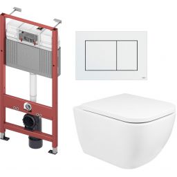 Zestaw Oltens Vernal miska WC wisząca z deską wolnoopadającą i stelaż podtynkowy Tece Base z przyciskiem Now biały (9400407, 42502000, 45104000, 9240400)