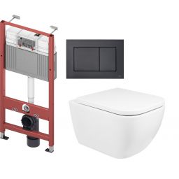 Zestaw Oltens Vernal miska WC wisząca z deską wolnoopadającą i stelaż podtynkowy Tece Base z przyciskiem Now biały/czarny mat (9400407, 42502000, 45104000, 9240407)