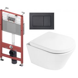 Zestaw Oltens Jog miska WC wisząca z deską wolnoopadającą i stelaż podtynkowy Tece Base z przyciskiem Now biały/czarny mat (9400407, 42501000, 45101000, 9240407)