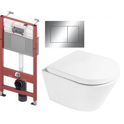 Zestaw Oltens Jog miska WC wisząca z deską wolnoopadającą i stelaż podtynkowy Tece Base z przyciskiem Now biały/chrom błyszczący (9400407, 42001000, 45101000, 9240401)