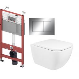 Zestaw Oltens Vernal miska WC wisząca z deską wolnoopadającą i stelaż podtynkowy Tece Base z przyciskiem Now biały/chrom błyszczący (9400407, 42502000, 45104000, 9240401)