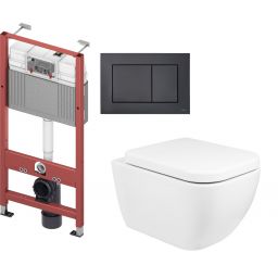 Zestaw Oltens Vernal miska WC wisząca z deską wolnoopadającą i stelaż podtynkowy Tece Base z przyciskiem Now czarny mat (9400407, 42502000, 45103000, 9240407)