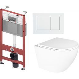 Zestaw Oltens Hamnes Kort miska WC wisząca z deską wolnoopadającą i stelaż podtynkowy Tece Base z przyciskiem Now biały (9400407, 42019000, 45111000, 9240400)