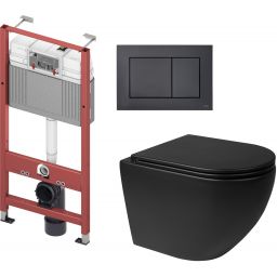 Zestaw Oltens Hamnes miska WC wisząca z deską wolnoopadającą i stelaż podtynkowy Tece Base z przyciskiem Now czarny mat (9400407, 42013300, 45100300, 9240407)