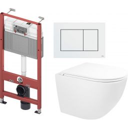 Zestaw Oltens Hamnes Stille miska WC wisząca spłukiwanie wirowe z deską wolnoopadającą i stelaż podtynkowy Tece Base z przyciskiem Now biały (9400407, 42521000, 45100000, 9240400)