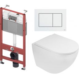 Zestaw Oltens Hamnes Stille miska WC wisząca spłukiwanie wirowe z deską wolnoopadającą i stelaż podtynkowy Tece Base z przyciskiem Now biały (9400407, 42021000, 45109000, 9240400)