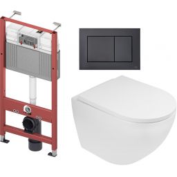 Zestaw Oltens Hamnes Stille miska WC wisząca spłukiwanie wirowe z deską wolnoopadającą i stelaż podtynkowy Tece Base z przyciskiem Now biały/czarny mat (9400407, 42021000, 45109000, 9240407)