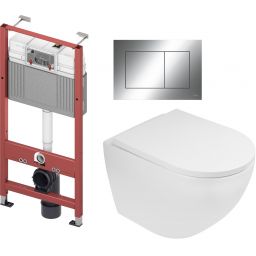 Zestaw Oltens Hamnes Stille miska WC wisząca spłukiwanie wirowe z deską wolnoopadającą i stelaż podtynkowy Tece Base z przyciskiem Now biały/chrom błyszczący (9400407, 42521000, 45109000, 9240401)