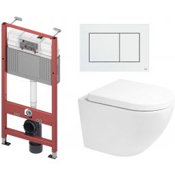 Zestaw Oltens Hamnes Kort Stille miska WC wisząca spłukiwanie wirowe z deską wolnoopadającą i stelaż podtynkowy Tece Base z przyciskiem Now biały (9400407, 42524000, 45113000, 9240400)