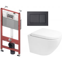 Zestaw Oltens Hamnes Kort Stille miska WC wisząca spłukiwanie wirowe z deską wolnoopadającą i stelaż podtynkowy Tece Base z przyciskiem Now biały/czarny mat (9400407, 42024000, 45113000, 9240407)