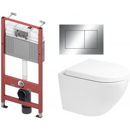 Zestaw Oltens Hamnes Kort Stille miska WC wisząca spłukiwanie wirowe z deską wolnoopadającą i stelaż podtynkowy Tece Base z przyciskiem Now biały/chrom błyszczący (9400407, 42524000, 45113000, 9240401)