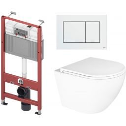 Zestaw Oltens Hamnes Kort Stille miska WC wisząca spłukiwanie wirowe z deską wolnoopadającą i stelaż podtynkowy Tece Base z przyciskiem Now biały (9400407, 42524000, 45111000, 9240400)