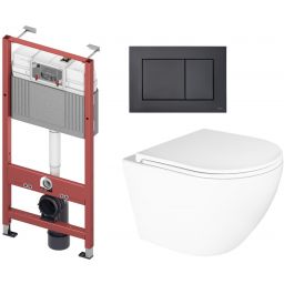 Zestaw Oltens Hamnes Kort Stille miska WC wisząca spłukiwanie wirowe z deską wolnoopadającą i stelaż podtynkowy Tece Base z przyciskiem Now biały/czarny mat (9400407, 42524000, 45111000, 9240407)