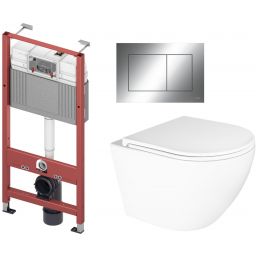 Zestaw Oltens Hamnes Kort Stille miska WC wisząca spłukiwanie wirowe z deską wolnoopadającą i stelaż podtynkowy Tece Base z przyciskiem Now biały/chrom błyszczący (9400407, 42524000, 45111000, 9240401)