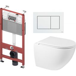 Zestaw Oltens Hamnes miska WC wisząca z deską wolnoopadającą i stelaż podtynkowy Tece Base z przyciskiem Now biały (9400407, 42013000, 45100000, 9240400)