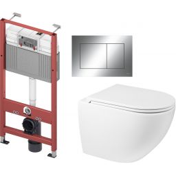 Zestaw Oltens Hamnes miska WC wisząca z deską wolnoopadającą i stelaż podtynkowy Tece Base z przyciskiem Now biały/chrom błyszczący (9400407, 42013000, 45100000, 9240401)