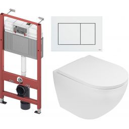 Zestaw Oltens Hamnes miska WC wisząca z deską wolnoopadającą i stelaż podtynkowy Tece Base z przyciskiem Now biały (9400407, 42013000, 45109000, 9240400)